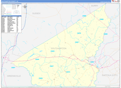 Southampton County, VA Wall Map Zip Code Basic Style 2024