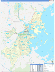 Suffolk County, MA Wall Map Zip Code Basic Style 2024