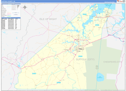 Suffolk County, VA Wall Map Zip Code Basic Style 2024