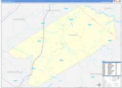 Sussex County, VA Wall Map Zip Code Basic Style 2024