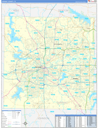 Tarrant County, TX Wall Map Zip Code Basic Style 2024