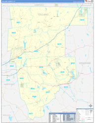Tolland County, CT Wall Map Zip Code Basic Style 2024