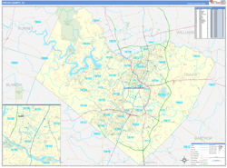 Travis County, TX Wall Map Zip Code Basic Style 2024