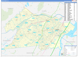 Union County, NJ Wall Map Zip Code Basic Style 2024