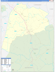 Union County, SC Wall Map Zip Code Basic Style 2024