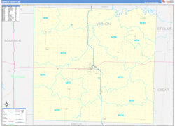 Vernon County, MO Wall Map Zip Code Basic Style 2024