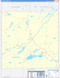 Walworth County, WI Wall Map Zip Code Basic Style 2024