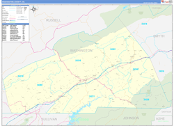 Washington County, VA Wall Map Zip Code Basic Style 2024