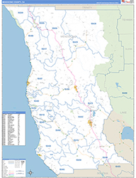 Mendocino County, CA Wall Map Zip Code Basic Style 2026