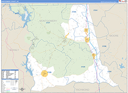 Montgomery County, NC Wall Map Zip Code Basic Style 2026