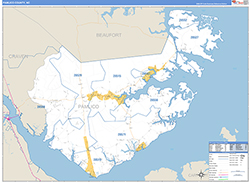 Pamlico County, NC Wall Map Zip Code Basic Style 2026
