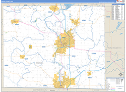 Rock County, WI Wall Map Zip Code Basic Style 2026