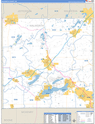 Walworth County, WI Wall Map Zip Code Basic Style 2026