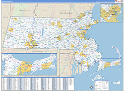 Massachusetts Wall Map Zip Code Basic Style 2026