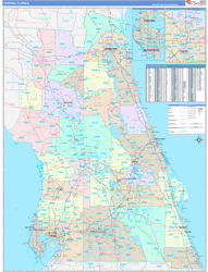 Florida Central Wall Map Color Cast Style 2024