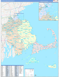 Massachusetts South Eastern Wall Map Color Cast Style 2024