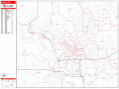 Akron Wall Map Zip Code Red Line Style 2024