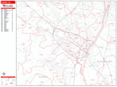 Albany Wall Map Zip Code Red Line Style 2024