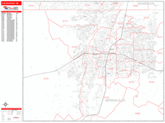 Albuquerque Wall Map Zip Code Red Line Style 2024