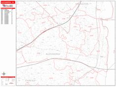 Alexandria Wall Map Zip Code Red Line Style 2024