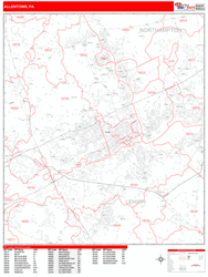 Allentown Wall Map Zip Code Red Line Style 2024