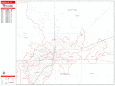 Amarillo Wall Map Zip Code Red Line Style 2024