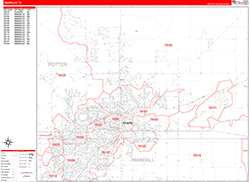 Amarillo Wall Map Zip Code Red Line Style 2026