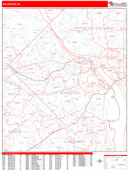 Arlington Wall Map Zip Code Red Line Style 2024