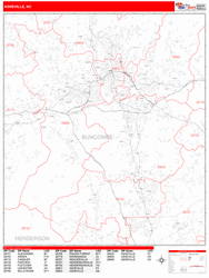 Asheville Wall Map Zip Code Red Line Style 2024