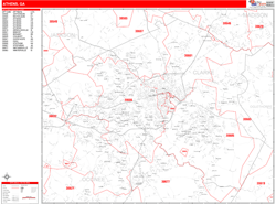 Athens Wall Map Zip Code Red Line Style 2024