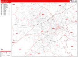 Augusta Wall Map Zip Code Red Line Style 2024