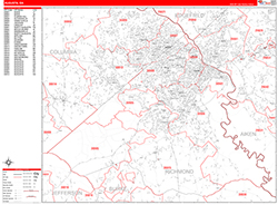 Augusta Wall Map Zip Code Red Line Style 2026
