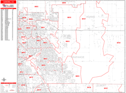 Aurora Wall Map Zip Code Red Line Style 2024