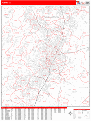 Austin Wall Map Zip Code Red Line Style 2024