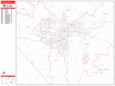 Bakersfield Wall Map Zip Code Red Line Style 2024