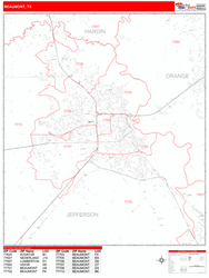 Beaumont Wall Map Zip Code Red Line Style 2024