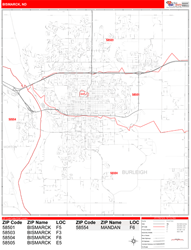 Bismarck Wall Map Zip Code Red Line Style 2024
