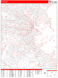 Boston Wall Map Zip Code Red Line Style 2024