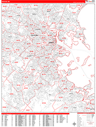 Boston Wall Map Zip Code Red Line Style 2026