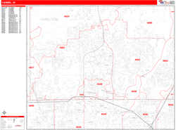 Carmel Wall Map Zip Code Red Line Style 2024