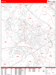 Cary Wall Map Zip Code Red Line Style 2025