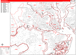 Charleston Wall Map Zip Code Red Line Style 2026