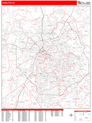 Charlotte Wall Map Zip Code Red Line Style 2024