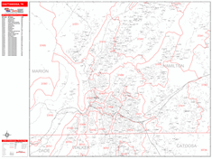 Chattanooga Wall Map Zip Code Red Line Style 2024