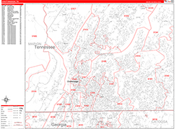 Chattanooga Wall Map Zip Code Red Line Style 2026