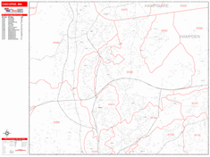 Chicopee Wall Map Zip Code Red Line Style 2024