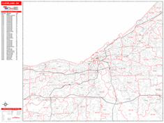 Cleveland Wall Map Zip Code Red Line Style 2024