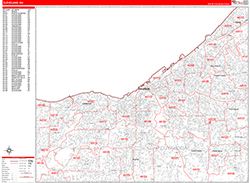 Cleveland Wall Map Zip Code Red Line Style 2026