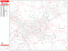 Columbia Wall Map Zip Code Red Line Style 2024
