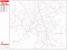 Columbus Wall Map Zip Code Red Line Style 2024